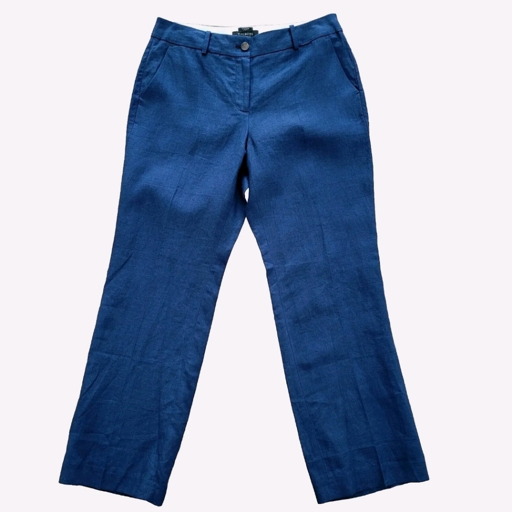 Talbots Pants Curvy Navy Blue 100% Linen Dress Trouser Career Business Size 8P